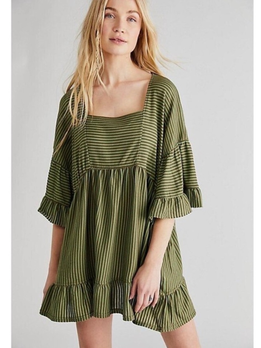 Free People beach green stripe El Mar ruffle mini dress womens M oversized